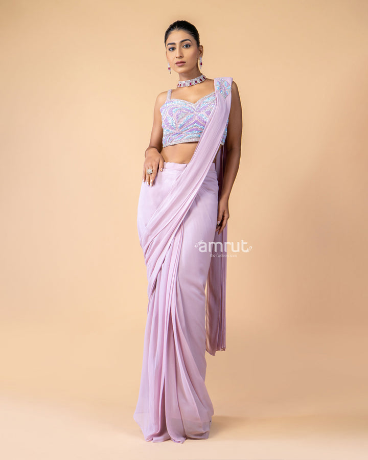 Pink Ready-to-Wear Saree with Sequins Work