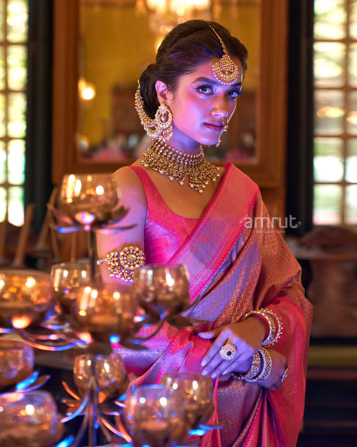 Pink Rose Silk Saree With Unstitched Blouse