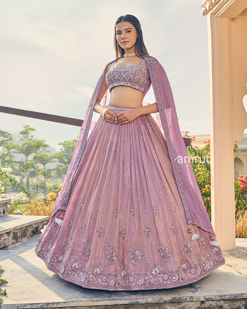 Pink Sequence and Thread Embroidered Lehenga Set With Dupatta