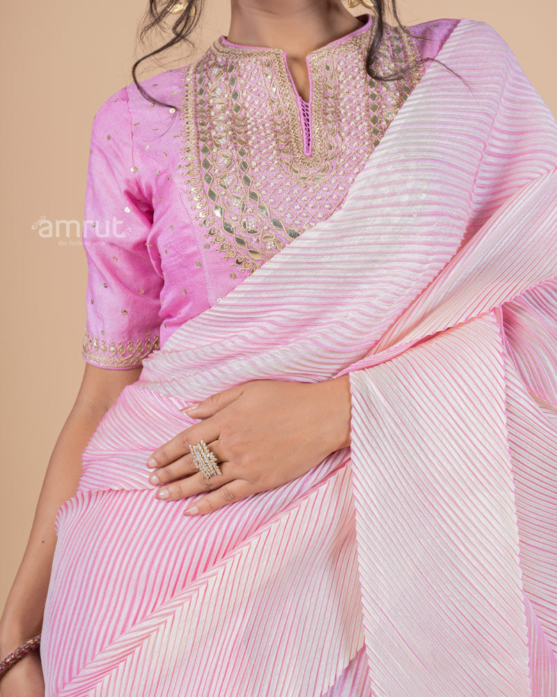 Pink Stripe Line Printed Saree With Stitched blouse