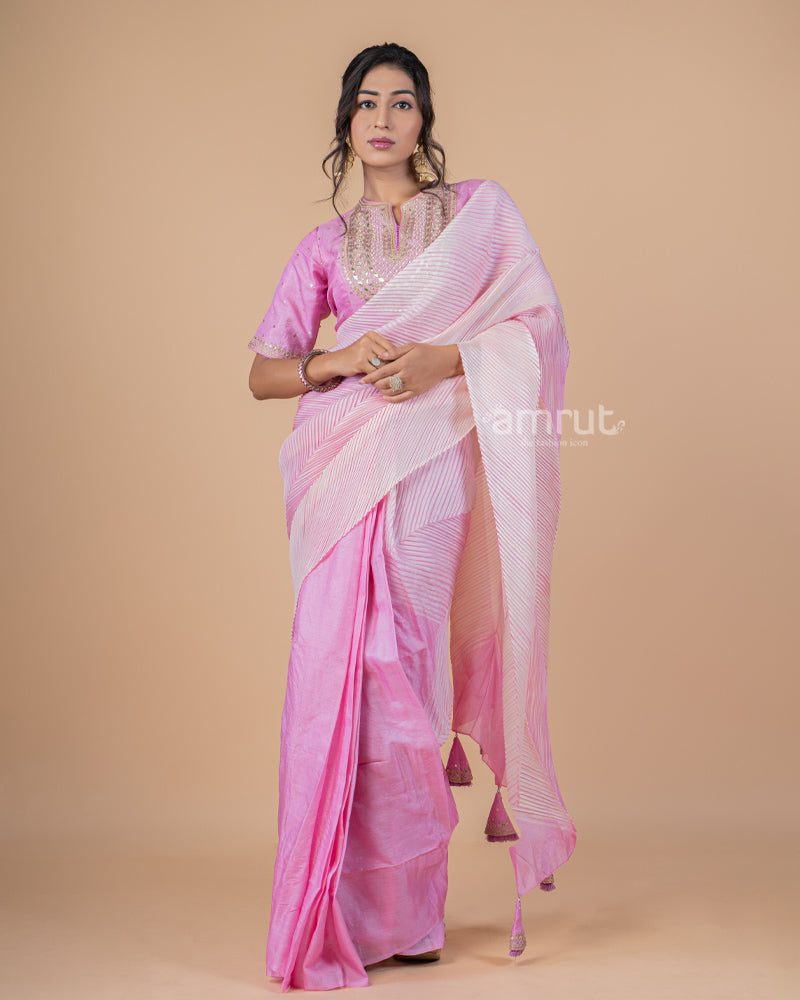 Pink Stripe Line Printed Saree With Stitched blouse