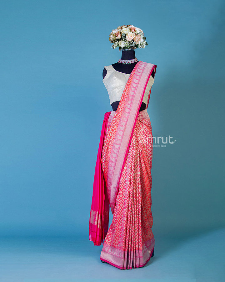 Pink Woven Saree in Banarasi Silk With Unstitched Blouse Piece