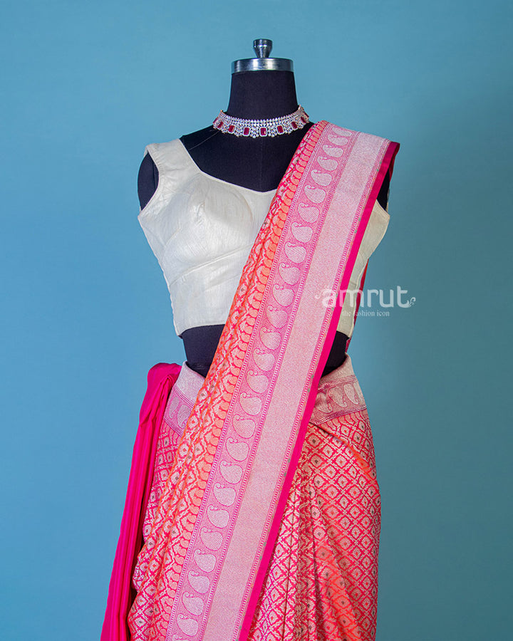 Pink Woven Saree in Banarasi Silk With Unstitched Blouse Piece