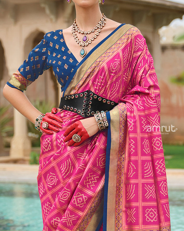 Pink Bandhani Printed Silk Saree with Unstitched Blouse 03