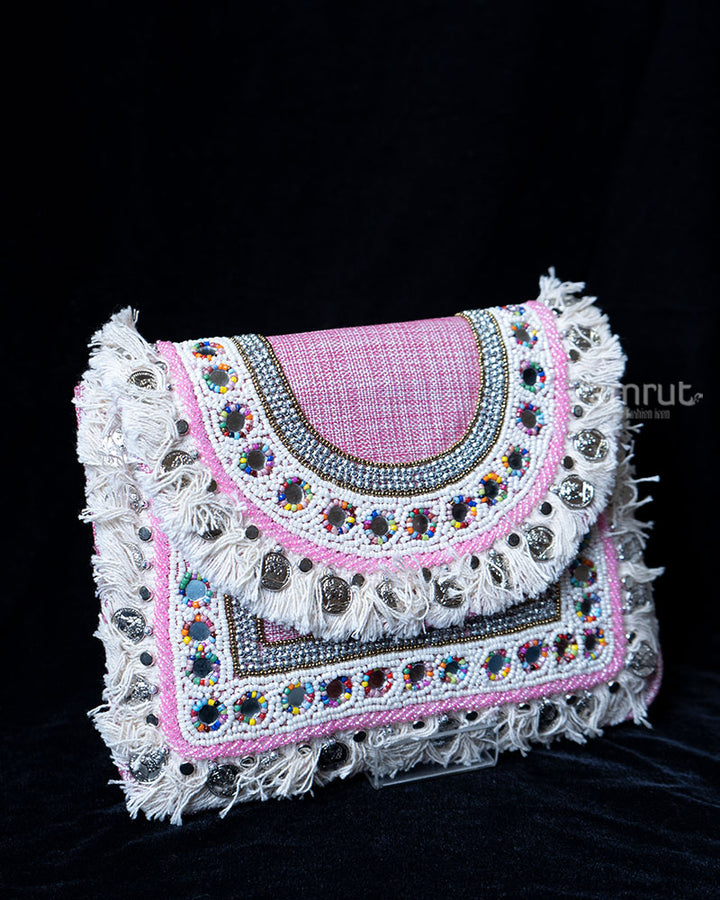 Pink Beaded with Fringe and Mirror Accents Clutch  01
