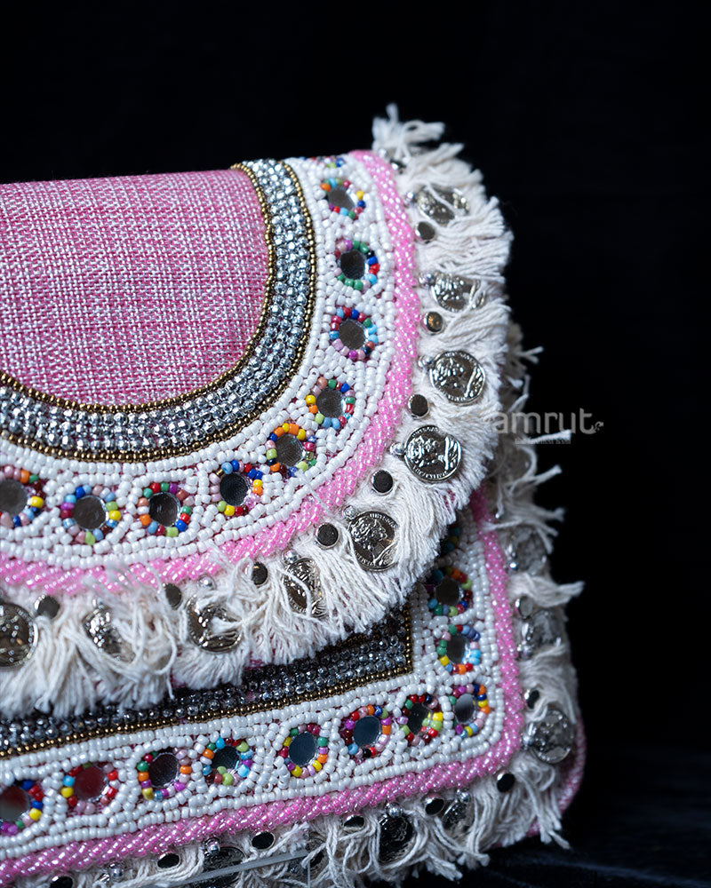 Pink Beaded with Fringe and Mirror Accents Clutch  02