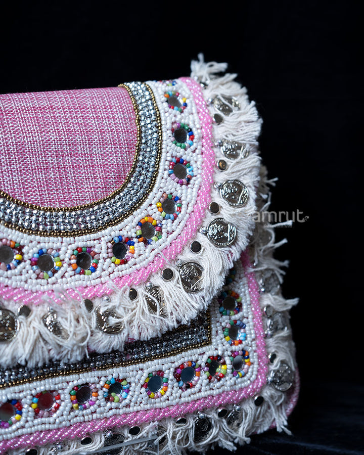 Pink Beaded with Fringe and Mirror Accents Clutch  02