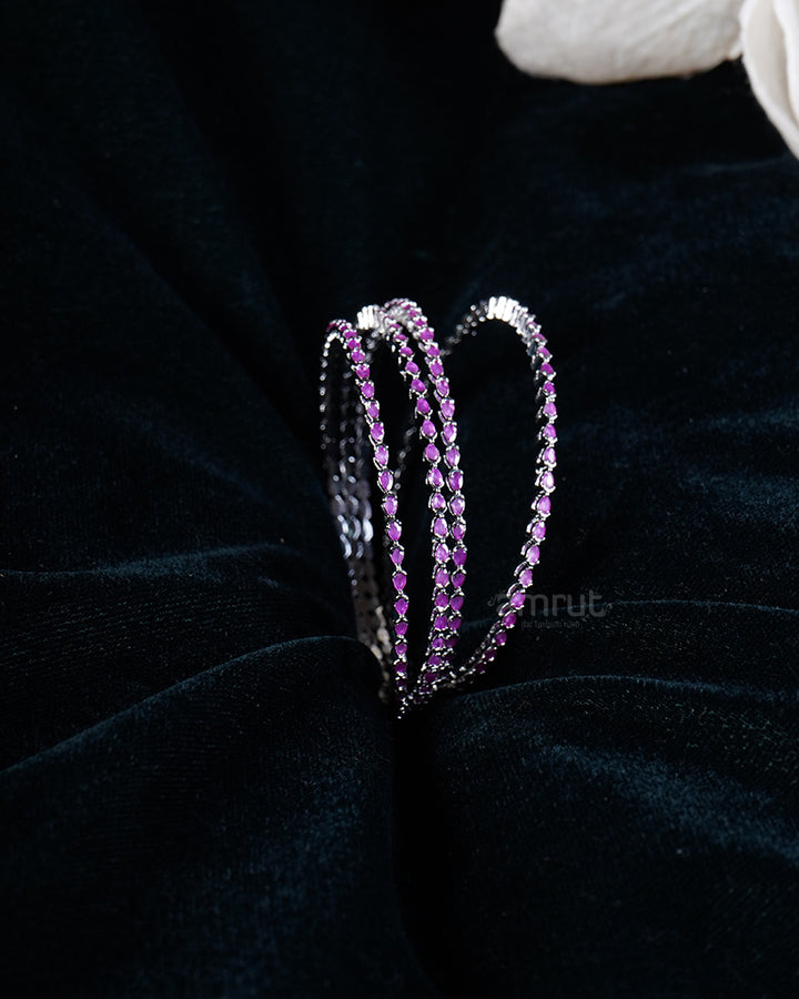 Pink Diamond Gemstone Silver-Toned Four Bangle Set 01