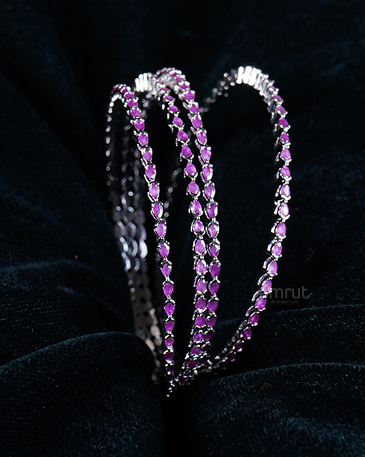 Pink Diamond Gemstone Silver-Toned Four Bangle Set 02