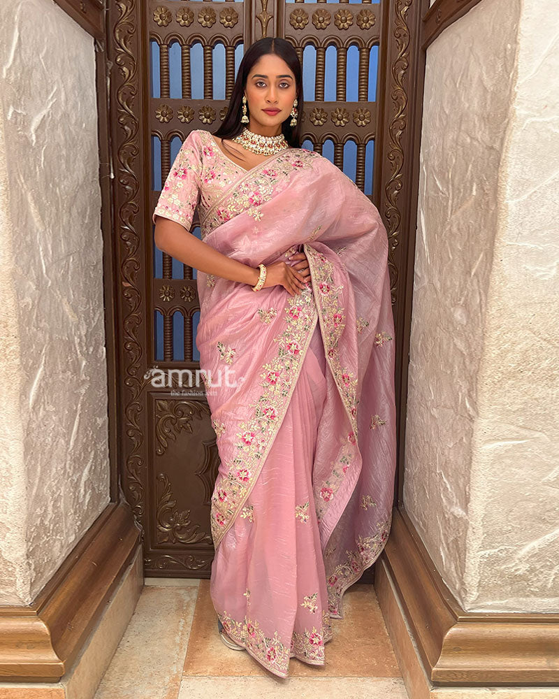 Pink Embroidered Organza Saree with Stitched Blouse 001