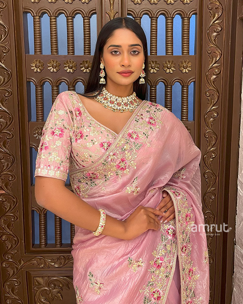 Pink Embroidered Organza Saree with Stitched Blouse 003