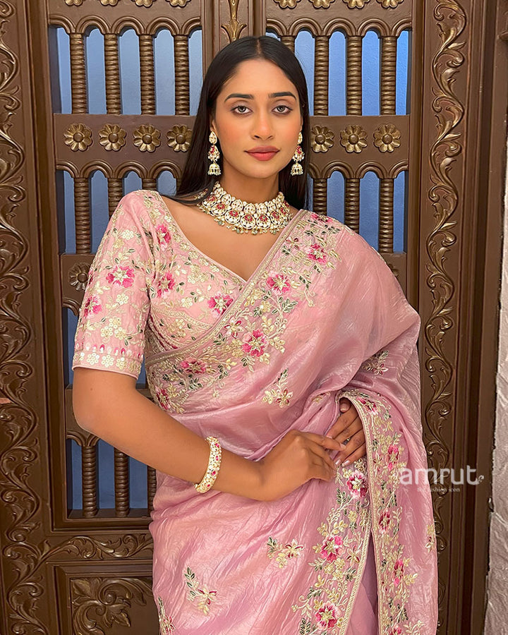 Pink Embroidered Organza Saree with Stitched Blouse 003
