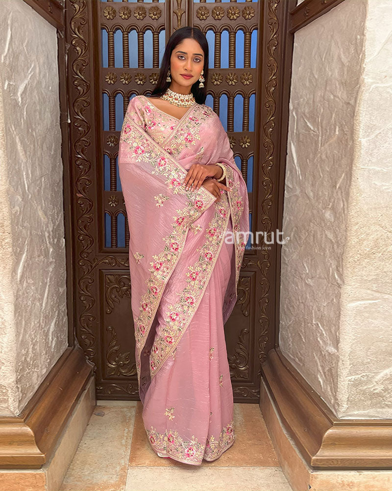 Pink Embroidered Organza Saree with Stitched Blouse 005