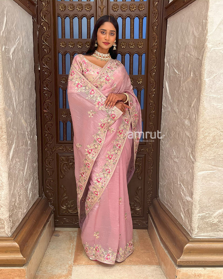 Pink Embroidered Organza Saree with Stitched Blouse 005