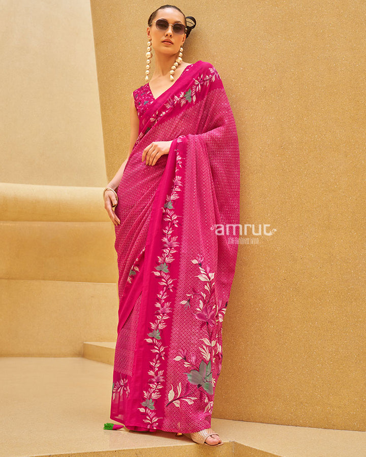 Pink Floral Print Saree with Intricate Weaving and Unstitched Blouse 01