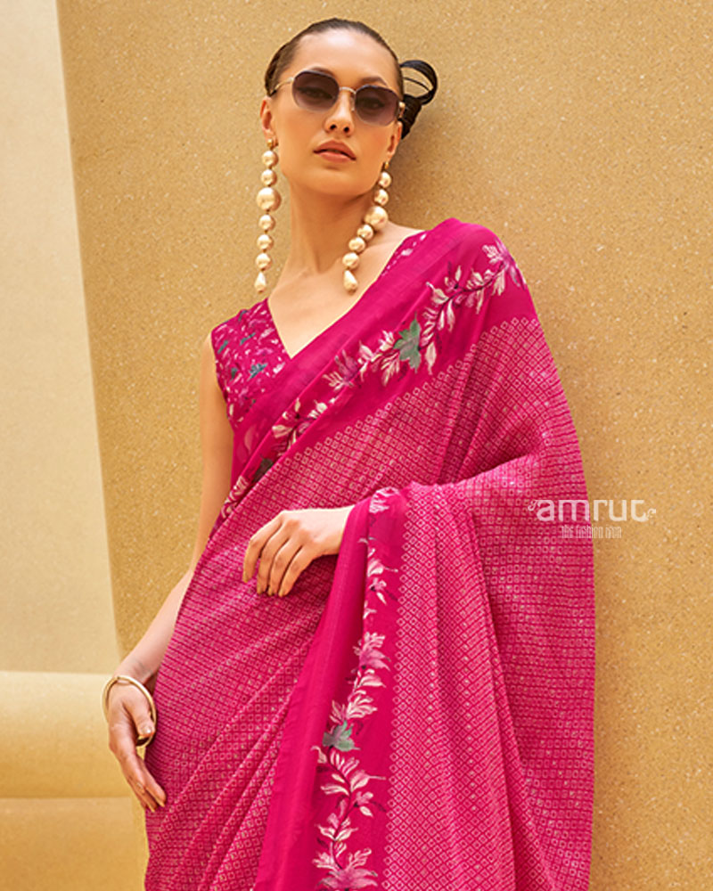 Pink Floral Print Saree with Intricate Weaving and Unstitched Blouse 02