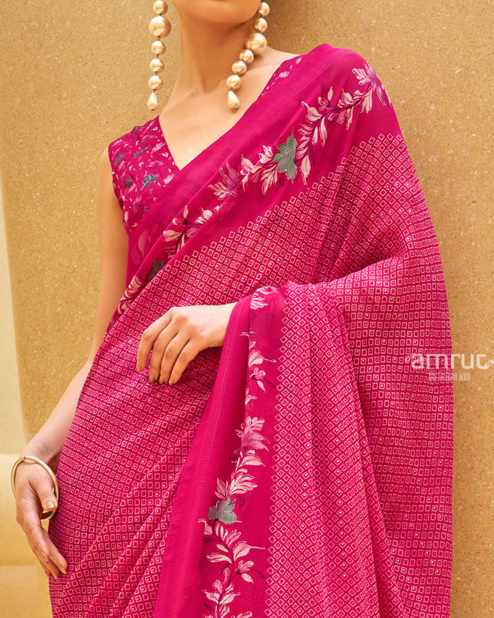 Pink Floral Print Saree with Intricate Weaving and Unstitched Blouse 03