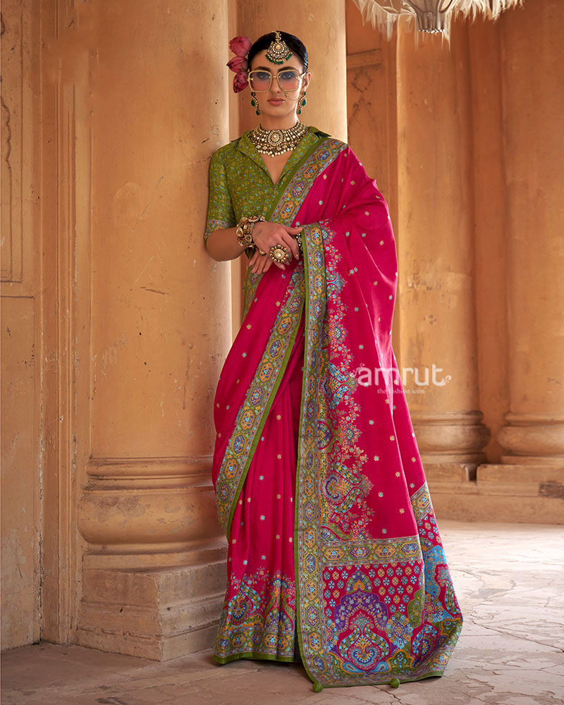 Pink Floral Printed Olive green Border Saree with Unstitched Blouse 01