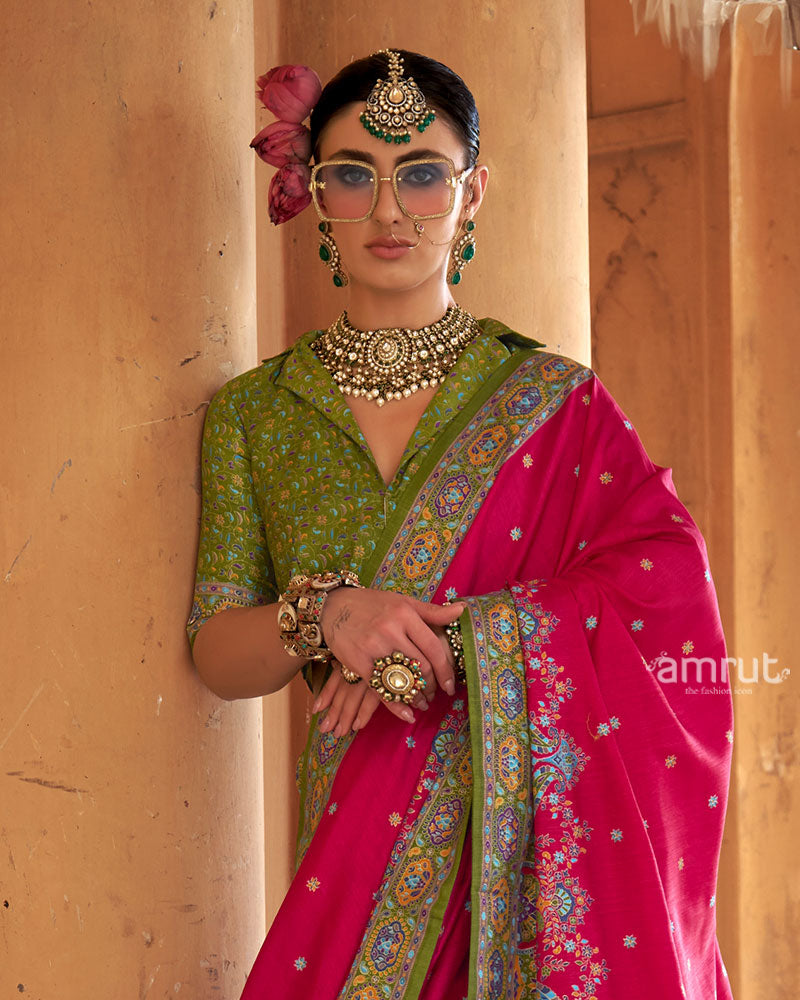 Pink Floral Printed Olive green Border Saree with Unstitched Blouse 02