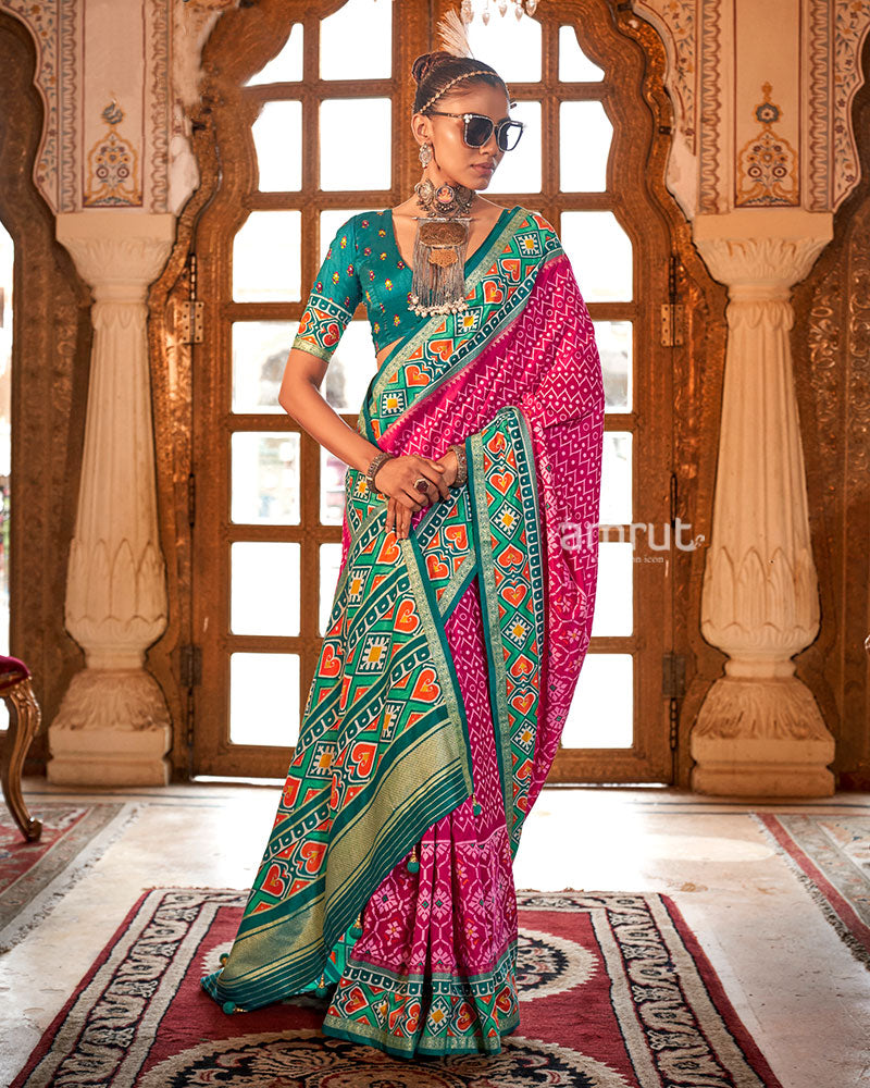 Pink Patola Printed Silk Saree with Unstitched Blouse 01