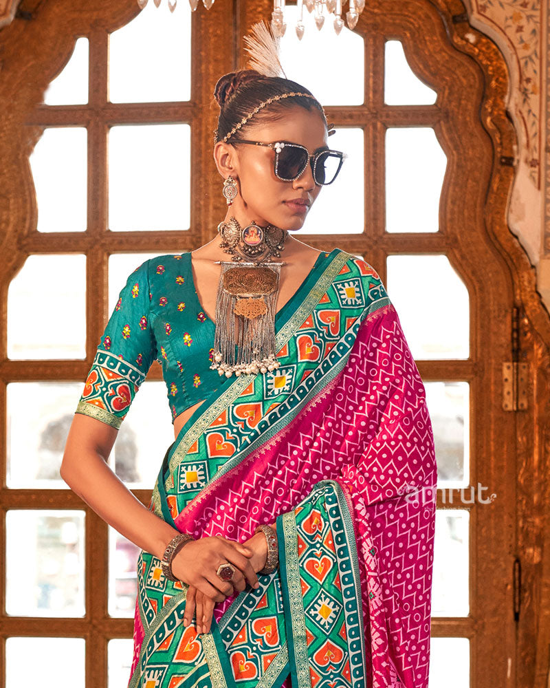 Pink Patola Printed Silk Saree with Unstitched Blouse 02