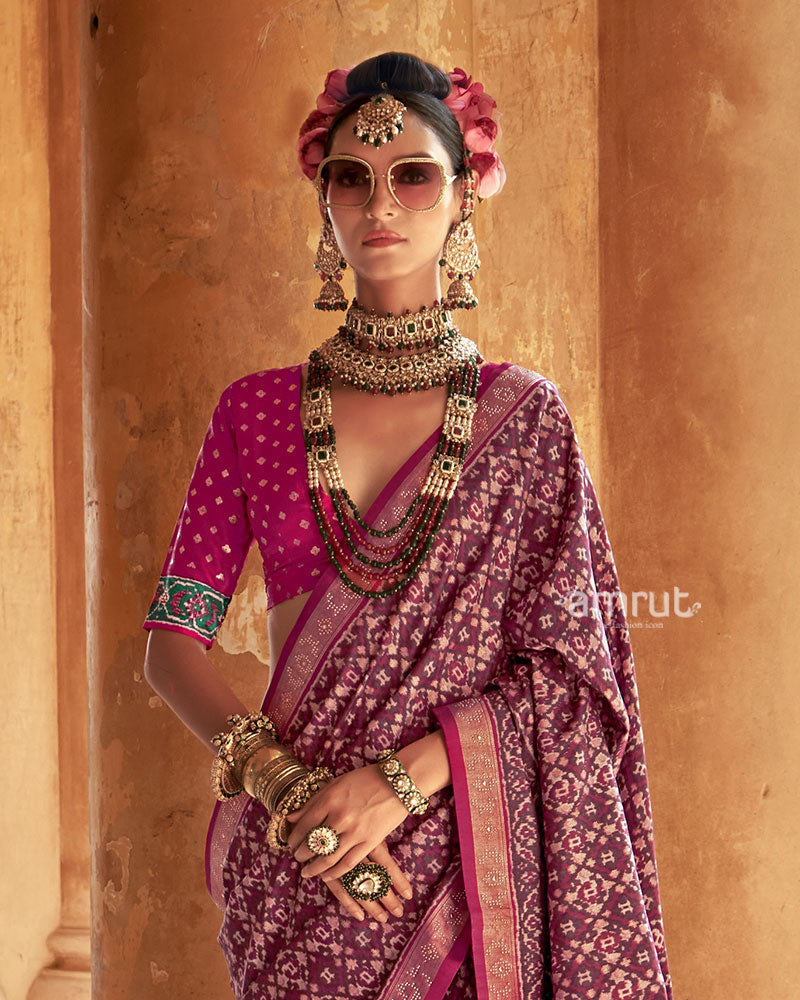 Pink Patola Silk Saree with Golden Embellished Border and Unstitched Blouse 02
