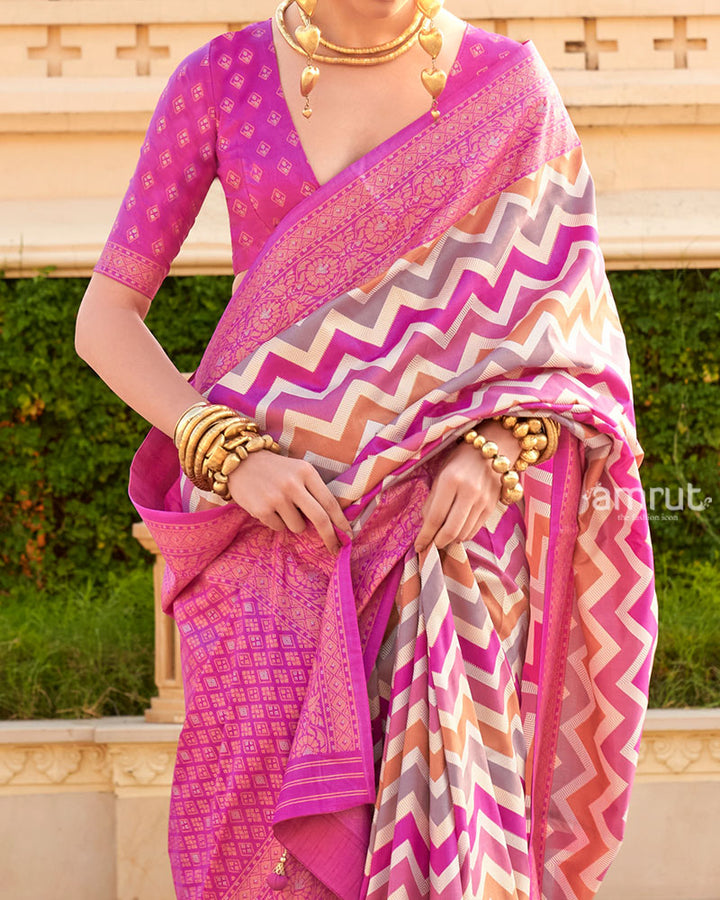 Pink Printed Silk Saree with Unstitched Blouse 03