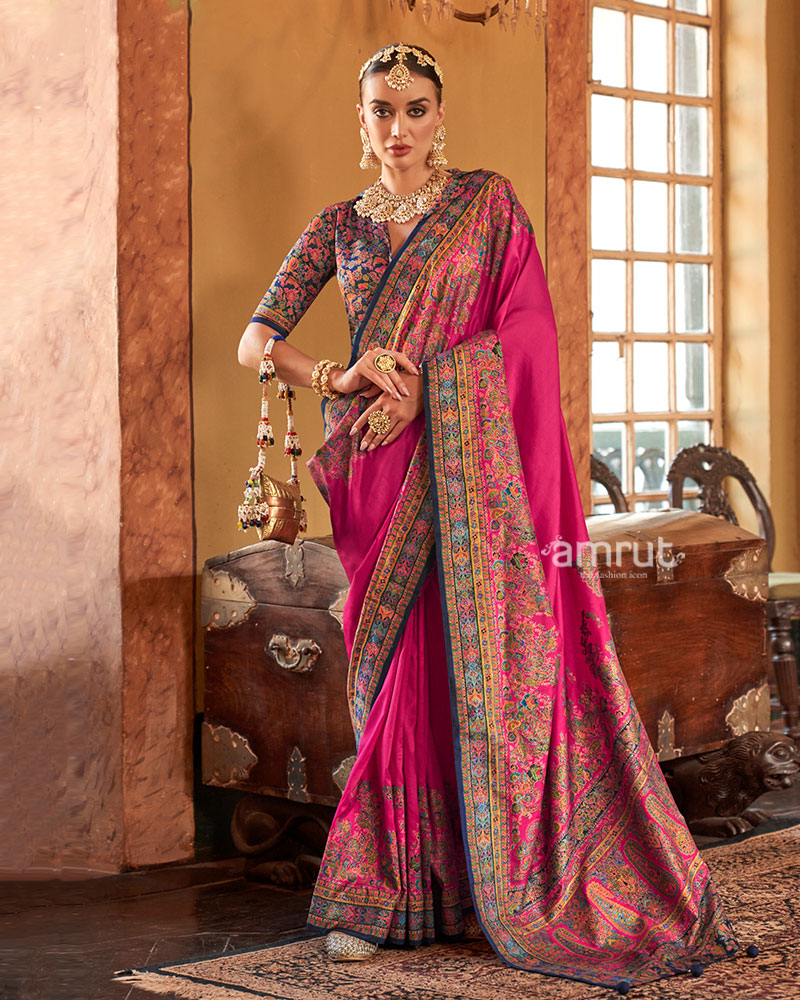 Pink Saree with Multicolored Paisley Print and Unstitched Blouse 01