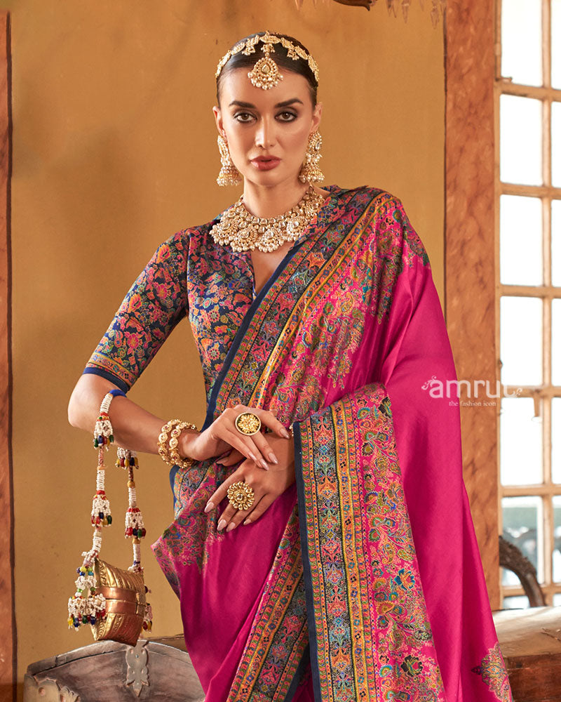 Pink Saree with Multicolored Paisley Print and Unstitched Blouse 02