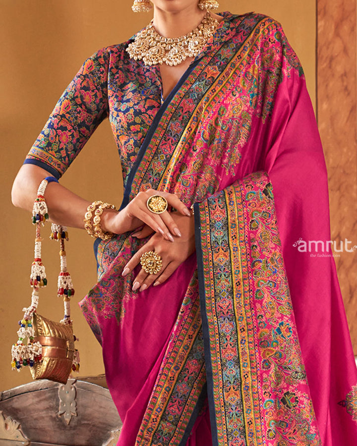 Pink Saree with Multicolored Paisley Print and Unstitched Blouse 03