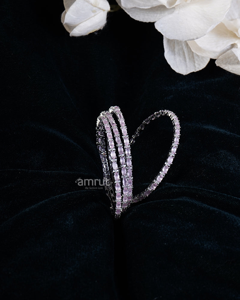 Pink Silver-Toned  Square-Cut CZ Stones Bangle Set 01