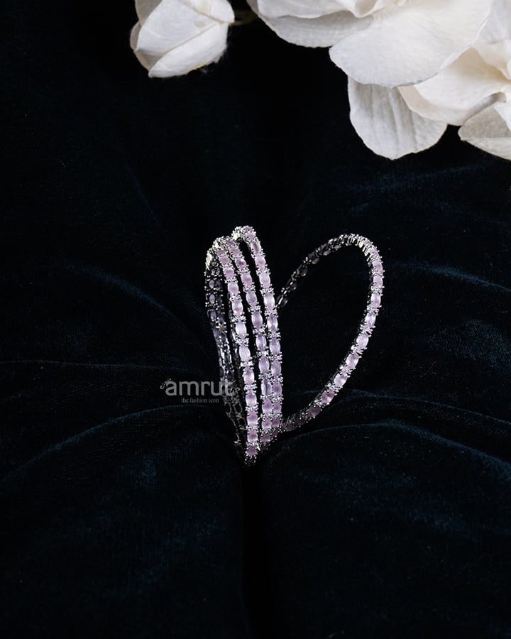 Pink Silver-Toned  Square-Cut CZ Stones Bangle Set 01