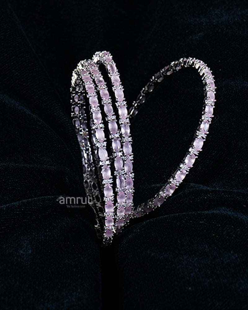 Pink Silver-Toned  Square-Cut CZ Stones Bangle Set 02