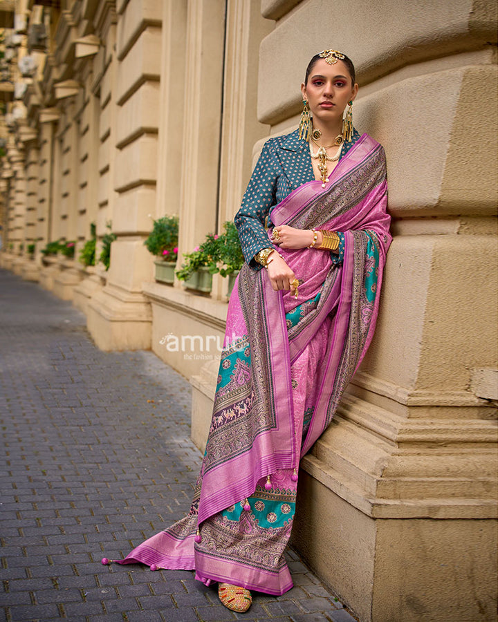 Pink Woven Silk Saree with Teal Border and Unstitched Blouse 01