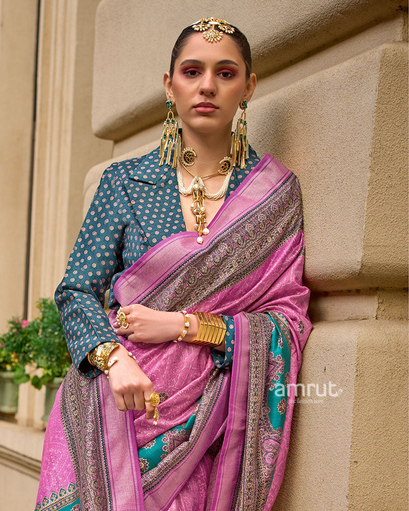 Pink Woven Silk Saree with Teal Border and Unstitched Blouse 02