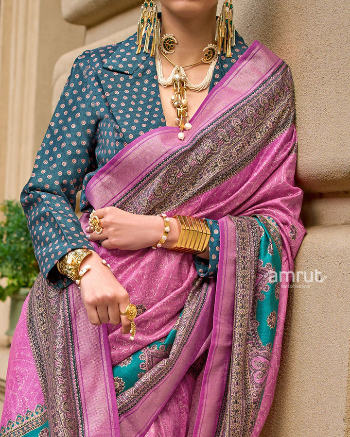 Pink Woven Silk Saree with Teal Border and Unstitched Blouse 03