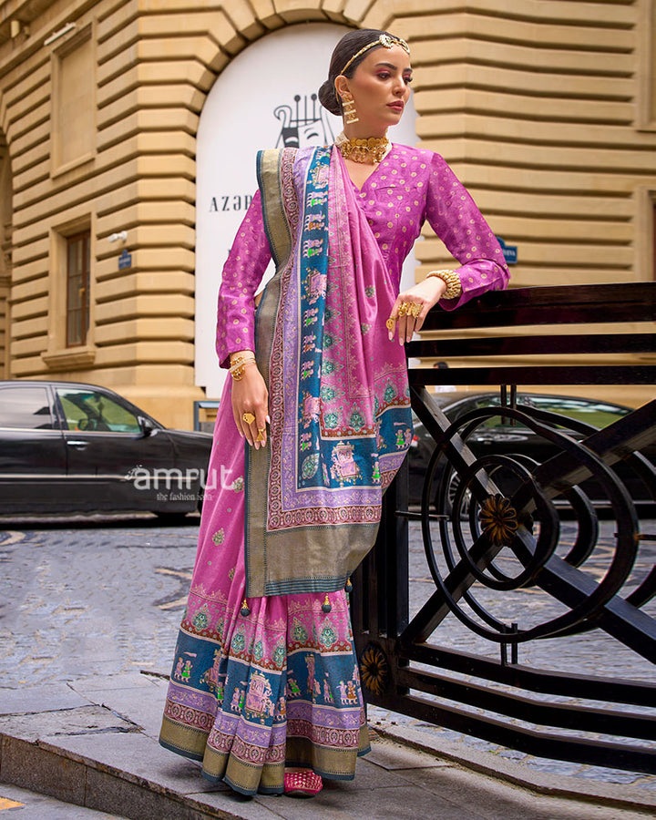 Pink Woven Silk Saree with Teal Zari Border and Unstitched Blouse 01