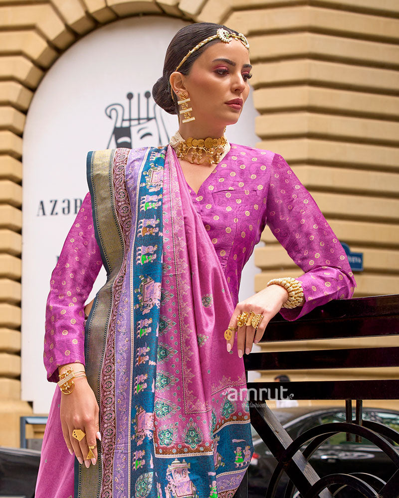 Pink Woven Silk Saree with Teal Zari Border and Unstitched Blouse 02