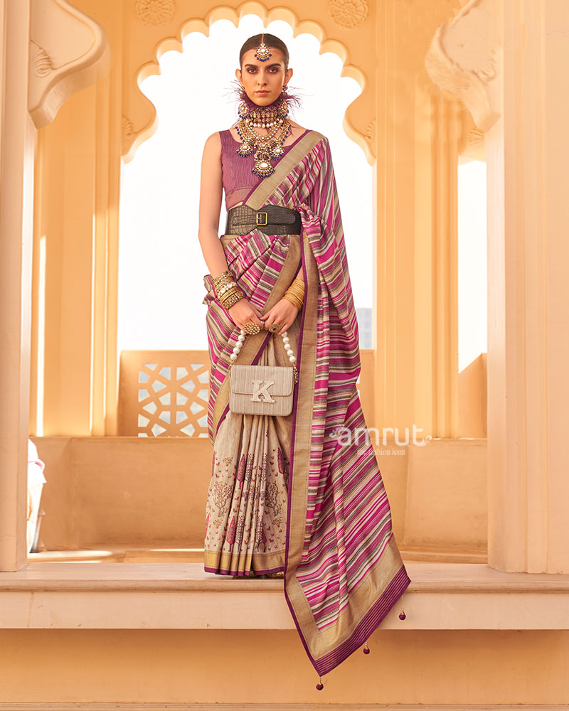Pink and Beige Printed Silk Saree with Unstitched Blouse 01