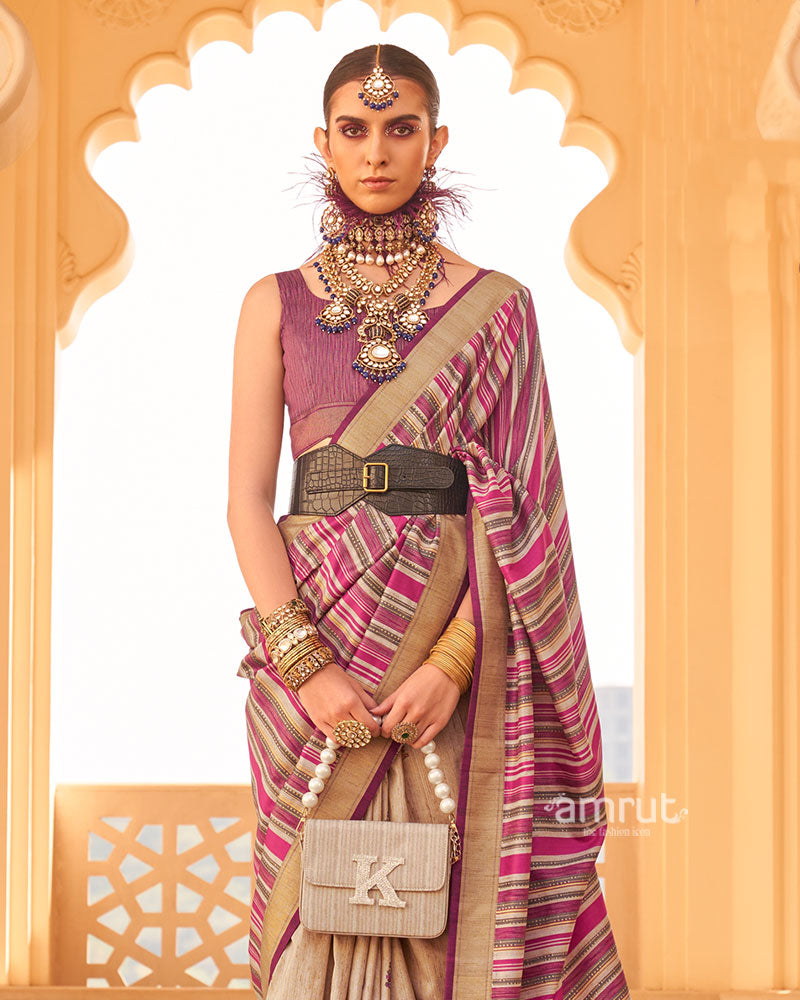 Pink and Beige Printed Silk Saree with Unstitched Blouse 02