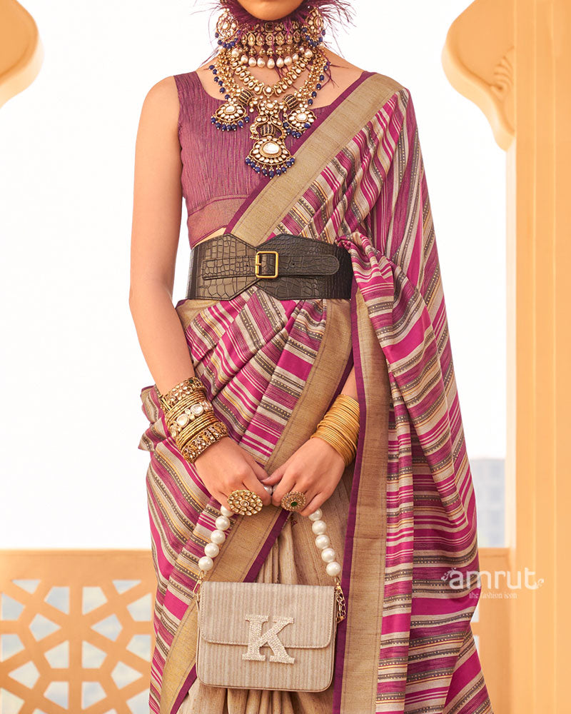 Pink and Beige Printed Silk Saree with Unstitched Blouse 03