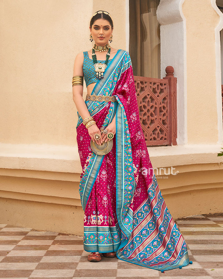 Pink and Blue Ethnic Printed Patola Silk Saree with Unstitched Blouse 01