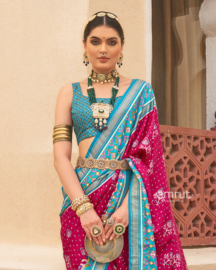 Pink and Blue Ethnic Printed Patola Silk Saree with Unstitched Blouse 02