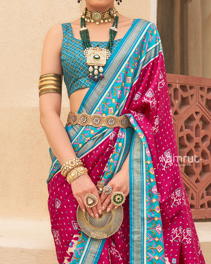 Pink and Blue Ethnic Printed Patola Silk Saree with Unstitched Blouse 03