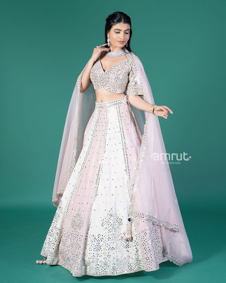Pink and Cream Mirror Embellished Lehenga Choli with Dupatta 04
