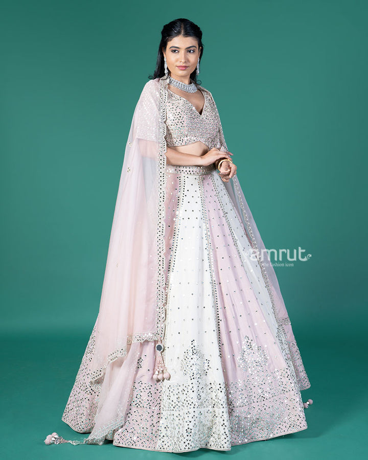 Pink and Cream Mirror Embellished Lehenga Choli with Dupatta 05