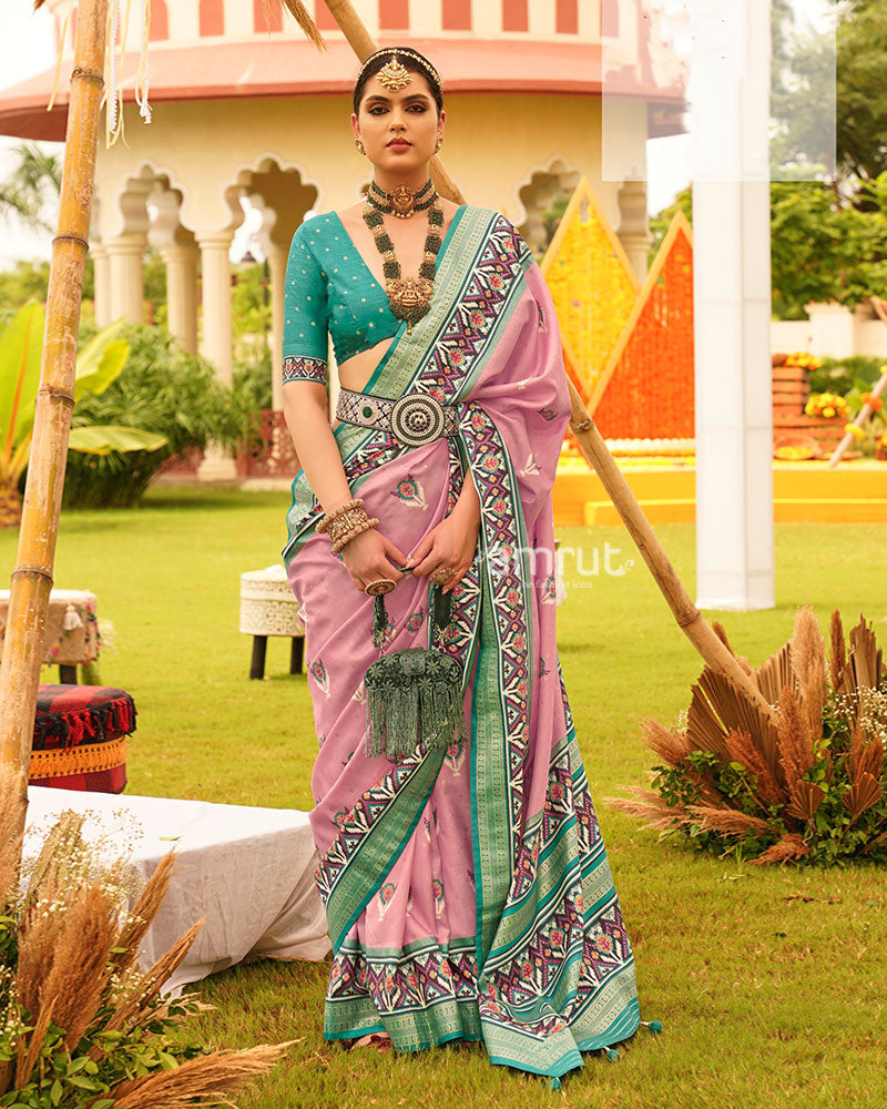 Pink and Cyan Printed Patola Silk Saree with Zari Border and Unstitched Blouse 01
