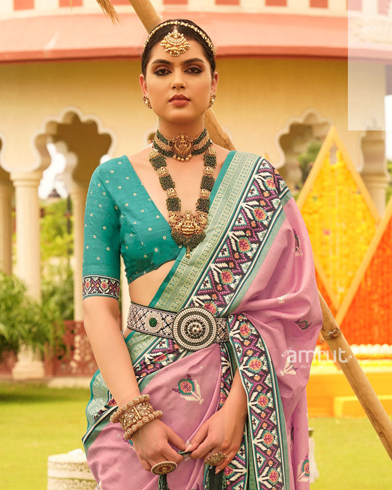 Pink and Cyan Printed Patola Silk Saree with Zari Border and Unstitched Blouse 02