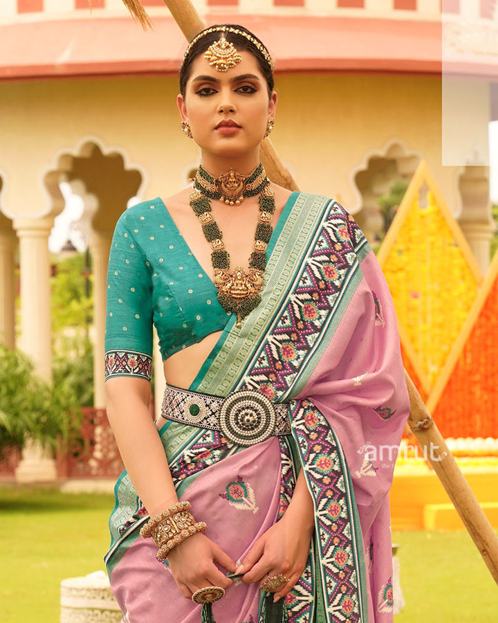 Pink and Cyan Printed Patola Silk Saree with Zari Border and Unstitched Blouse 02