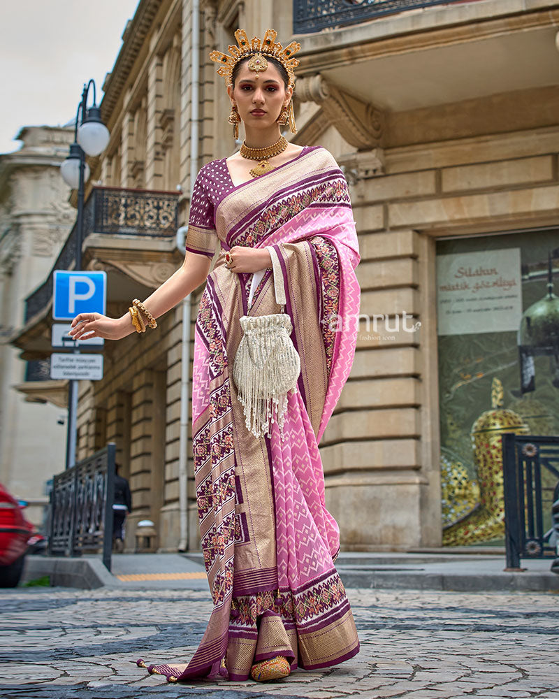 Pink and Magenta Patola Printed Saree with Zari Border & Unstitched Blouse 01